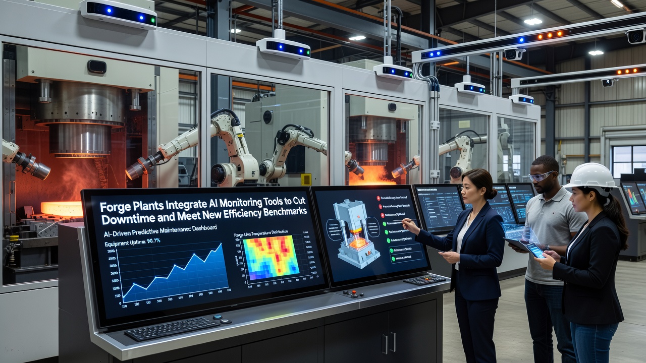 Technician reviewing AI-generated maintenance alerts on a tablet inside a forging facility
