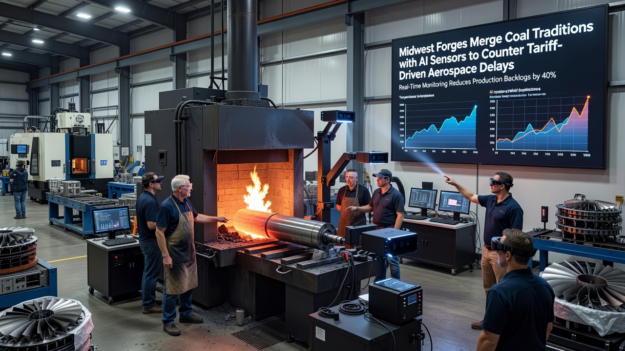 Close-up view of AI sensors mounted on coal-fired forging press monitoring heat distribution